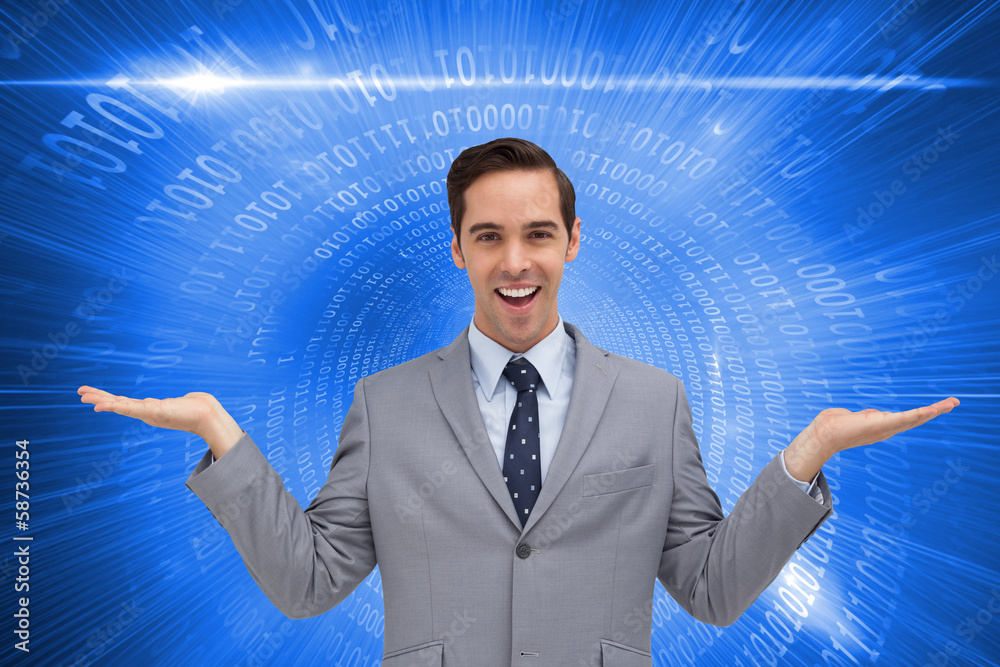 Poster Composite image of smiling businessman presenting something with