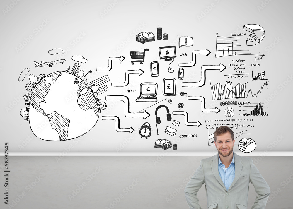 Poster Composite image of stylish man smiling with hands on hips
