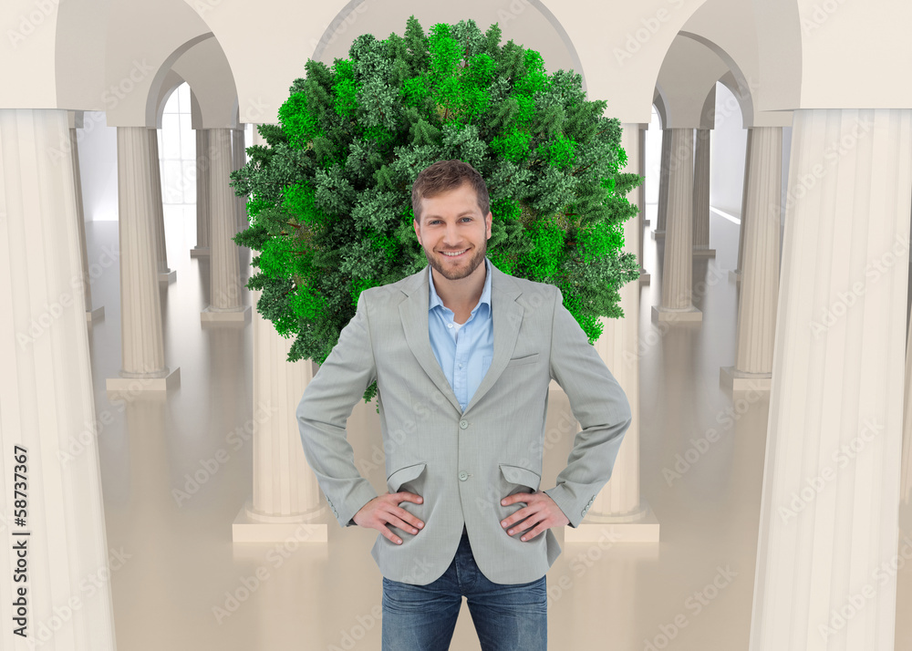 Poster Composite image of stylish man smiling with hands on hips