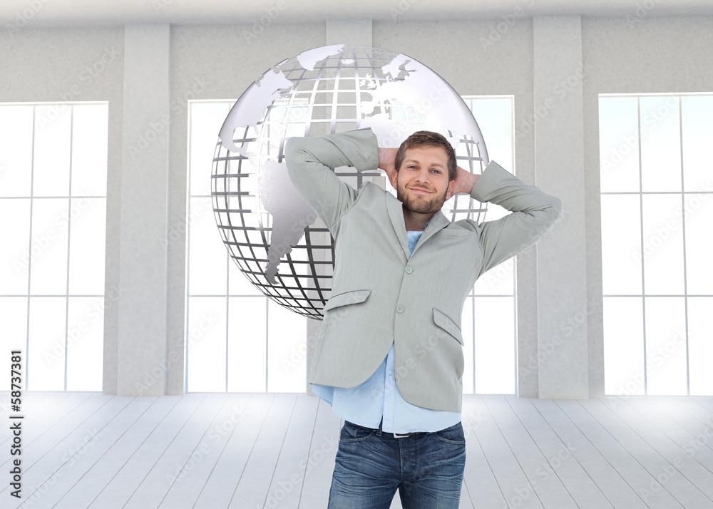 Poster Composite image of suave man in a blazer with hands behind head