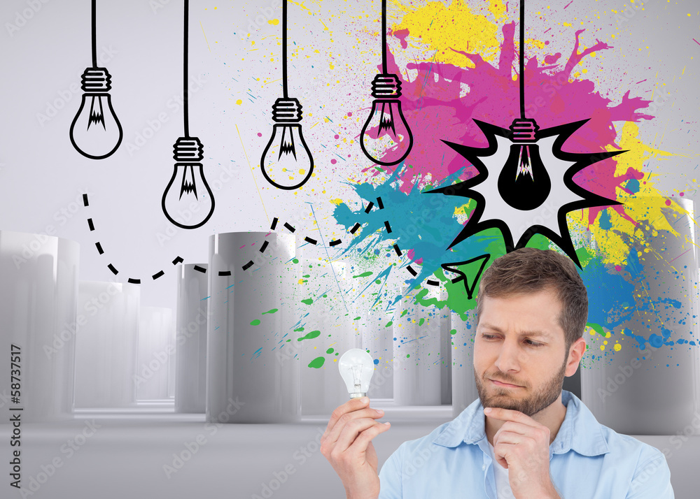 Poster composite image of sceptical model holding a bulb