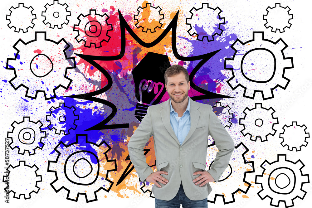 Poster Composite image of stylish man smiling with hands on hips