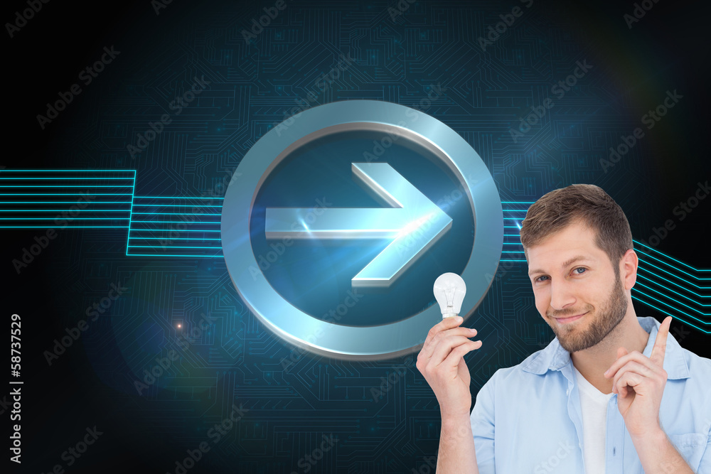 Poster Composite image of charming model holding a bulb in right hand