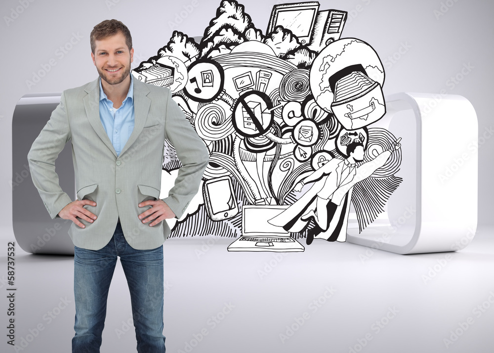 Poster Composite image of stylish man smiling with hands on hips