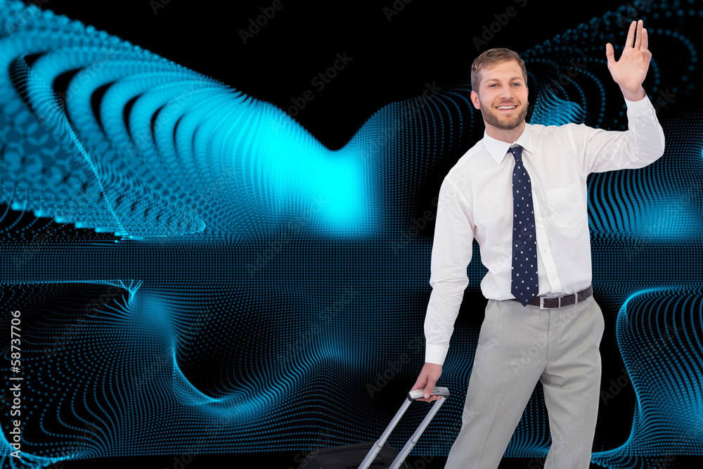 Poster composite image of handsome businessman with suitcase waving