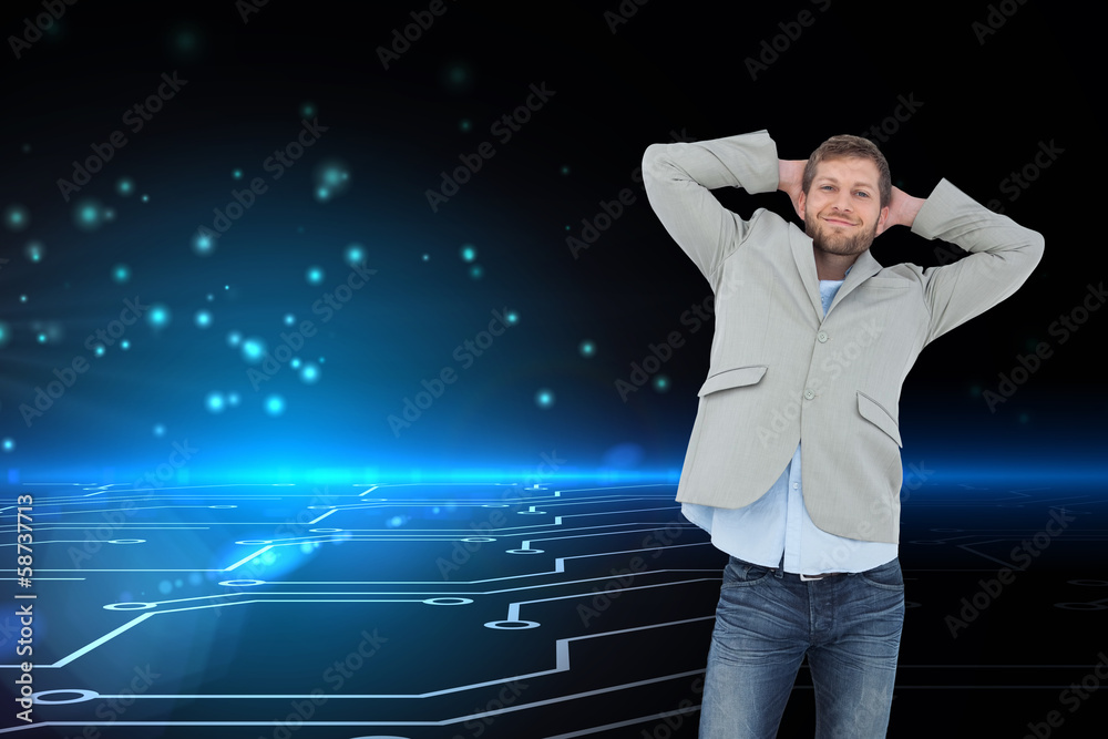 Poster Composite image of suave man in a blazer with hands behind head