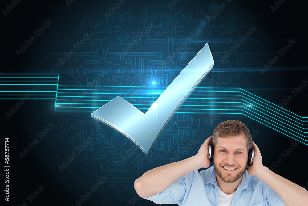 Poster composite image of trendy model listening to music and looking a