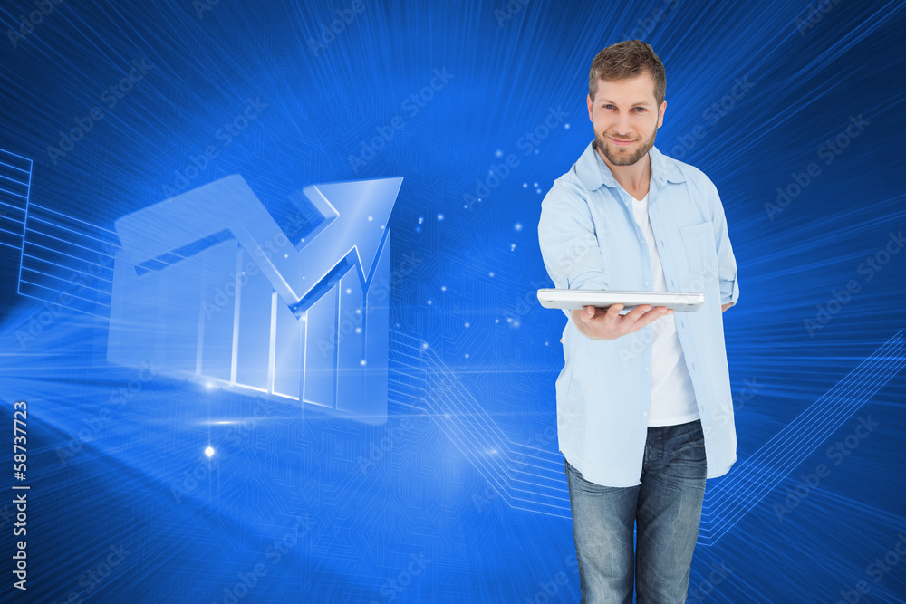 Poster composite image of happy man showing laptop to camera and smilin
