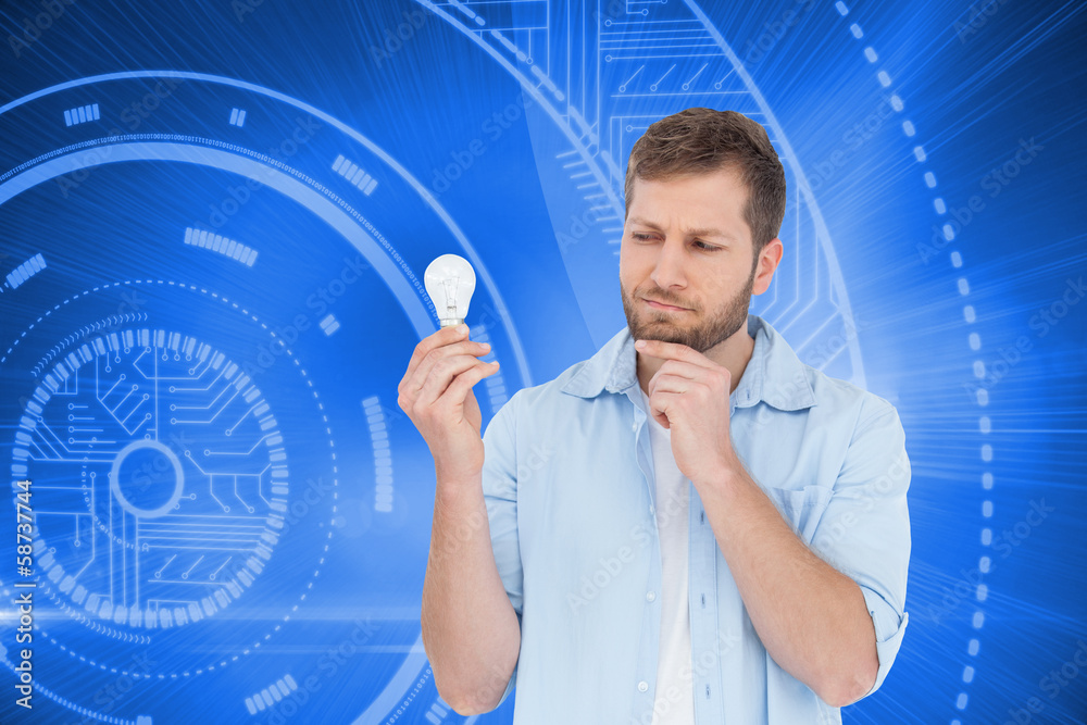 Poster composite image of sceptical model holding a bulb