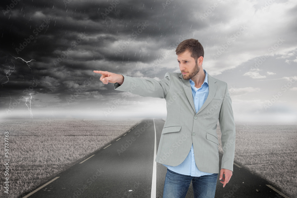 Poster Composite image of trendy model pointing to something
