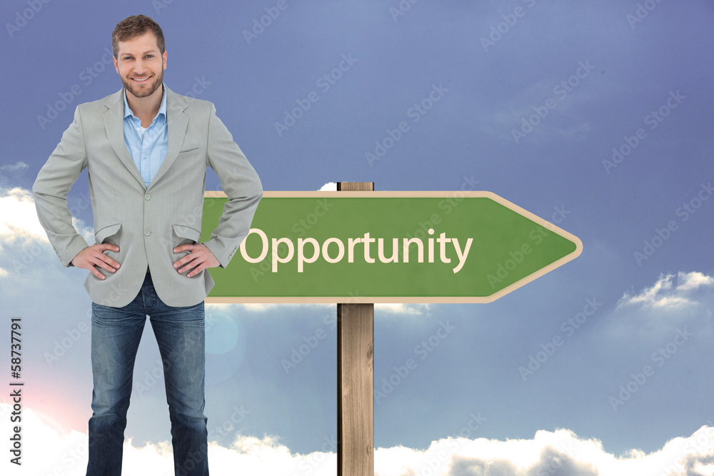 Poster Composite image of stylish man smiling with hands on hips