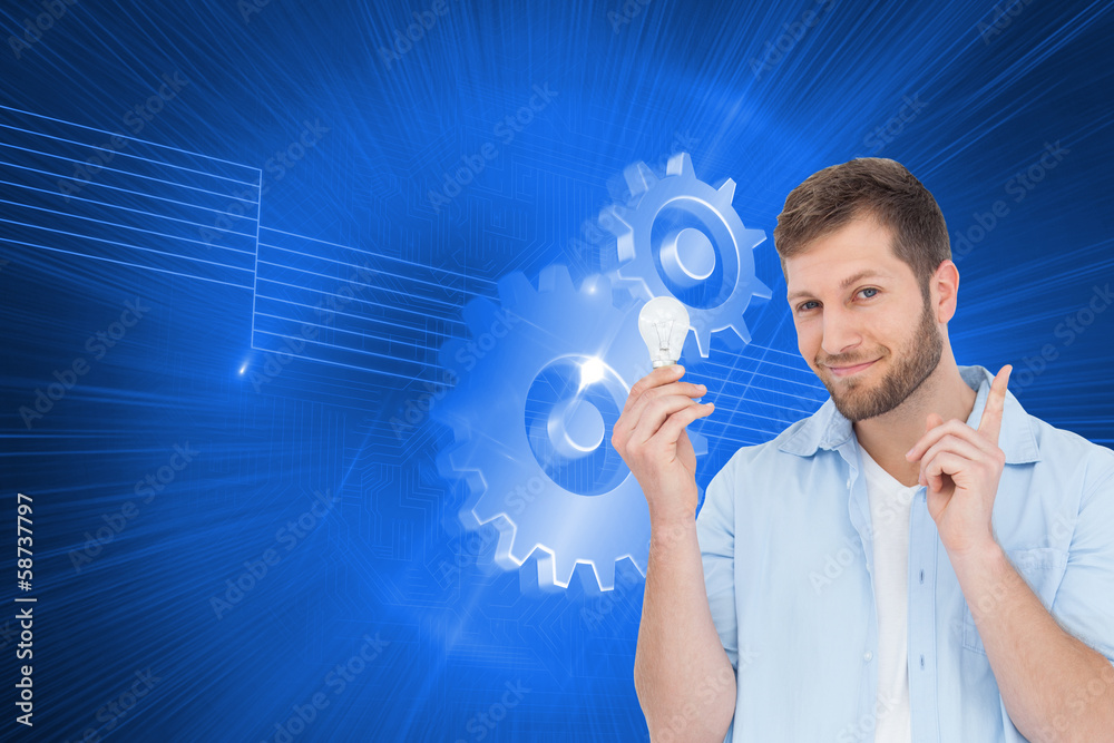 Poster composite image of charming model holding a bulb in right hand