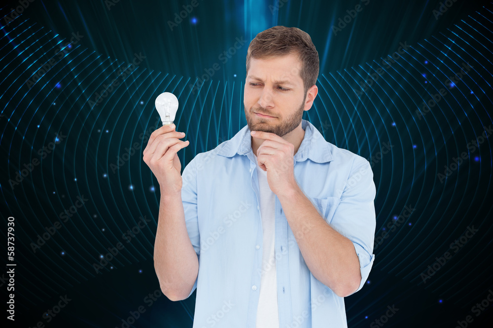 Poster composite image of sceptical model holding a bulb