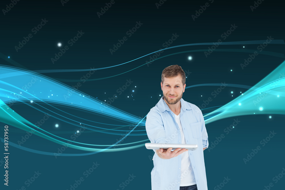 Poster composite image of happy man showing laptop to camera and smilin