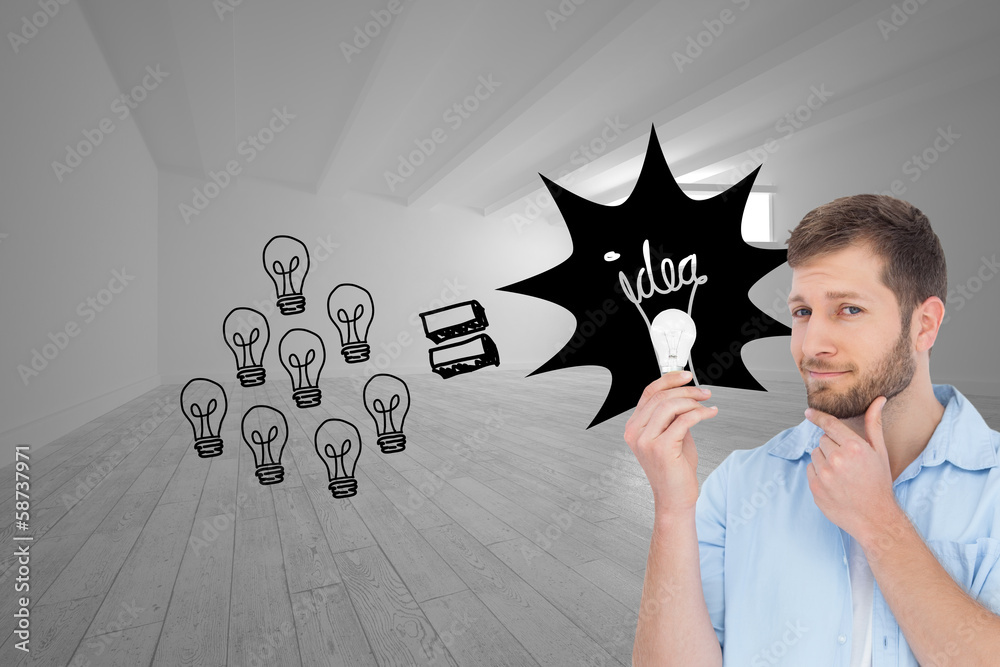 Poster composite image of handsome model holding a bulb