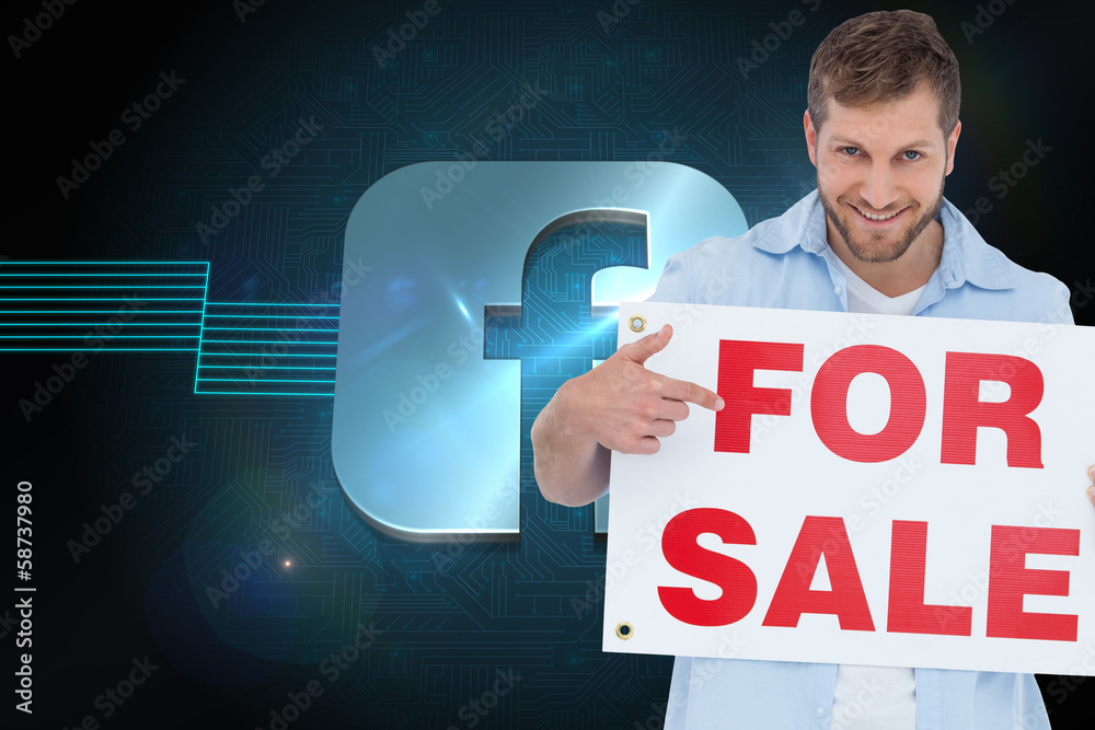 Poster composite image of smiling model holding a for sale sign