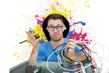 Composite image of portrait of confused it professional with scr