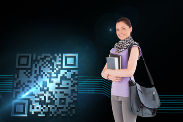 Composite image of attractive student holding books and her bag