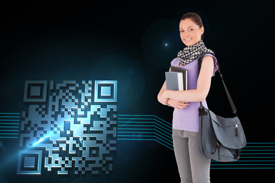 Composite image of attractive student holding books and her bag