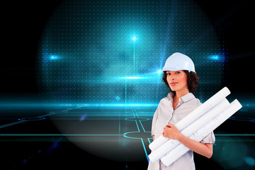 Composite image of confident woman holding construction plans