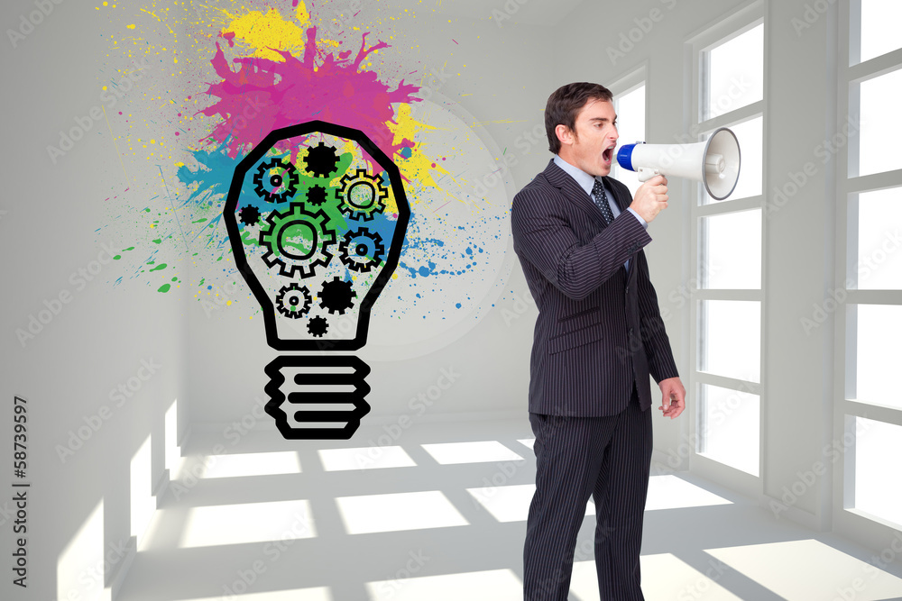 Poster composite image of standing businessman shouting through a megap