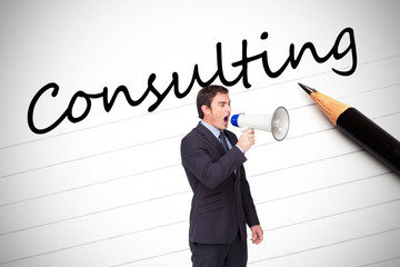 Composite image of standing businessman shouting through a megap