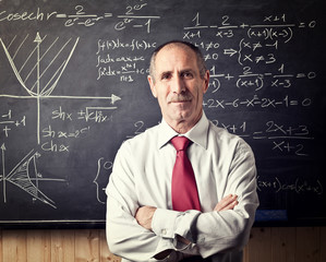 Caucasian teacher blackboard black classroom. concept education knowledge school