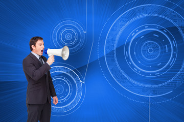 Composite image of standing businessman shouting through a megap