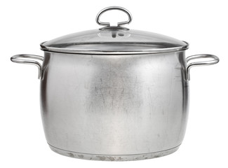 side view of big steel pan covered by glass lid