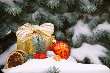 Christmas ball and gift. 