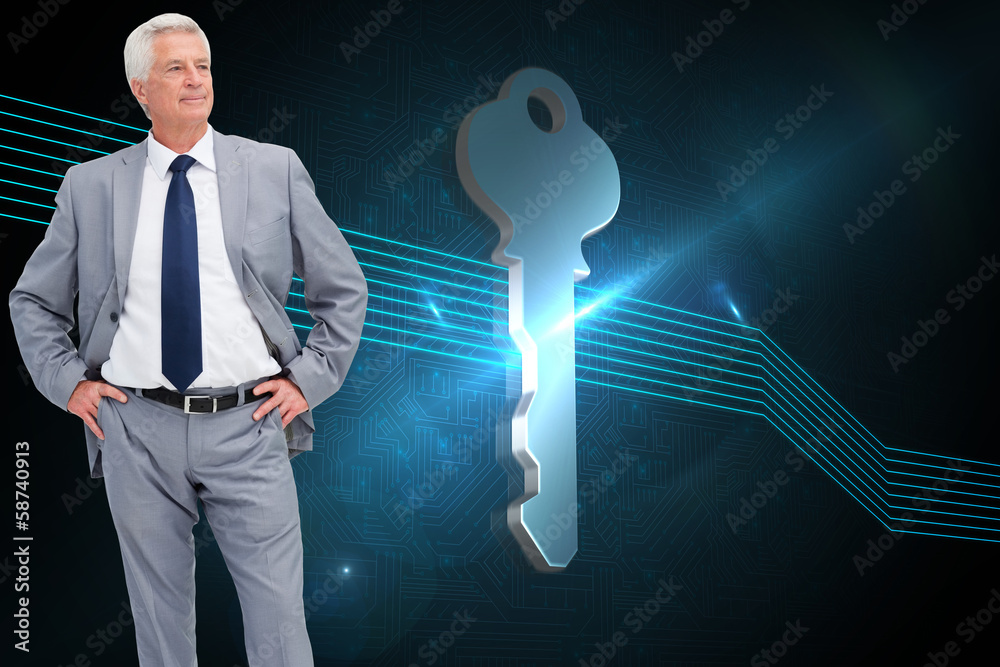 Poster composite image of man in a suit with his hands on his hips