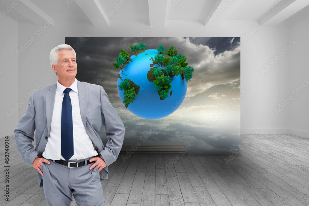 Poster composite image of man in a suit with his hands on his hips