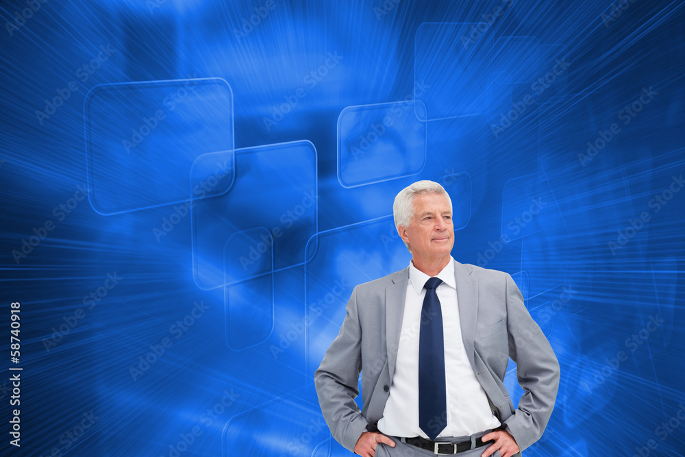 Poster composite image of man in a suit with his hands on his hips