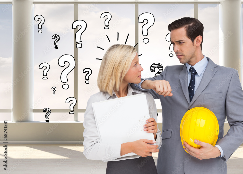 Poster composite image of architects with plans and hard hat looking at