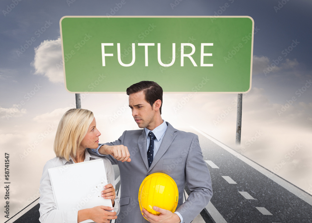 Poster composite image of architects with plans and hard hat looking at