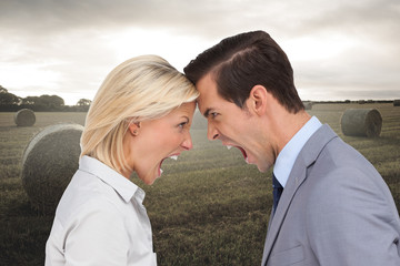 Composite image of colleagues quarreling head against head
