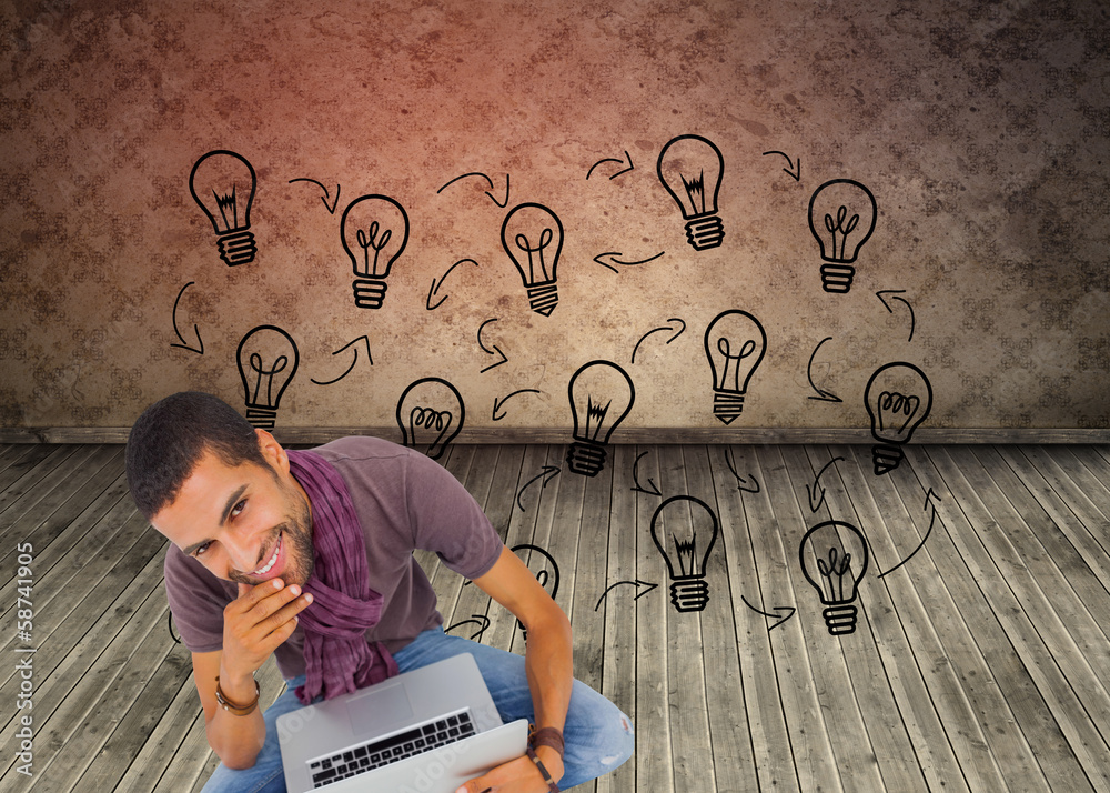 Aufkleber composite image of thoughtful man sitting on floor using laptop
