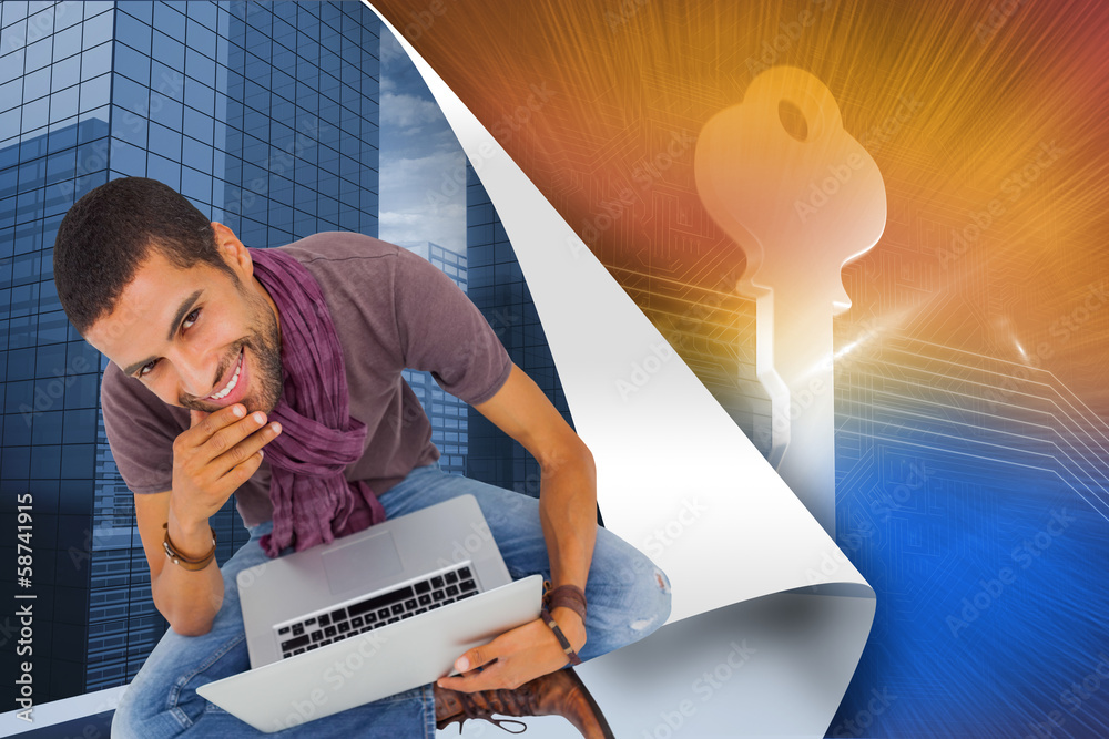 Aufkleber composite image of thoughtful man sitting on floor using laptop