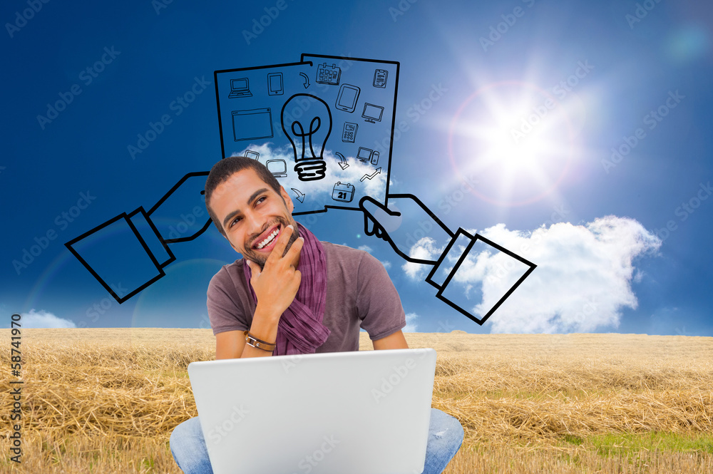 Aufkleber composite image of thinking man sitting on floor using laptop an