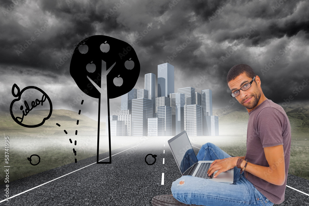 Poster composite image of man wearing glasses sitting on floor using la