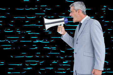 Composite image of businessman shouting in loudspeaker