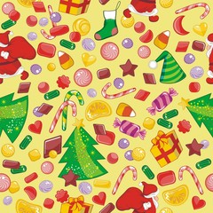Christmas seamless pattern with candies and seasonal objects