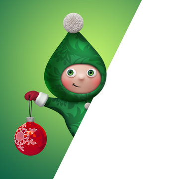 Blank Banner With Christmas Cartoon Elf Character