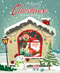 Vintage christmas poster design with Santa Claus