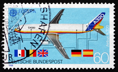 Postage stamp Germany 1988 Airbus A320, Airplane