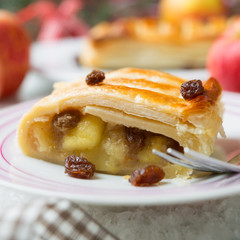 Ein Stück Strudel mit Äpfeln und Rosinen