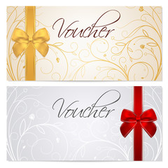 Fototapeta na wymiar Gift certificate, Voucher, Coupon. Gold, template. Red bow