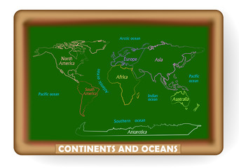 Continents and ocean drawn on a blackboard