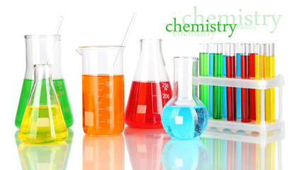Test tubes with colorful liquids isolated on white