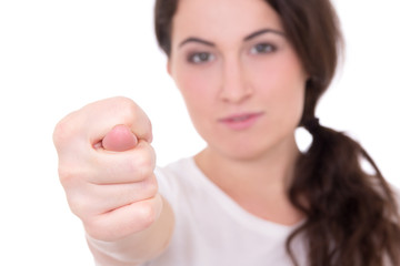 woman showing fig gesture isolated on white background